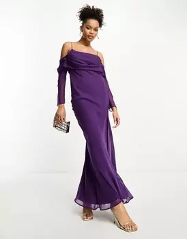 Платье макси Asos Design Cami Cowl With Cold Shoulder Sleeve, фиолетовый