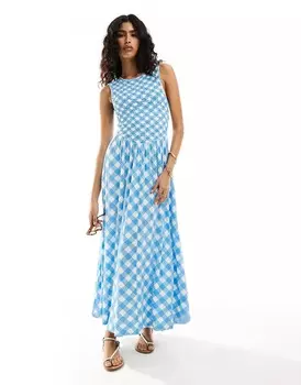Платье макси Asos Design Crinkle Shirred Bodice With Open Back, голубой
