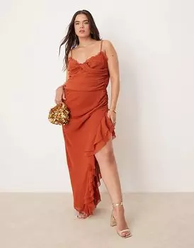 Платье макси ASOS DESIGN Curve с драпировкой из жатого цвета с оборками и бретельками
