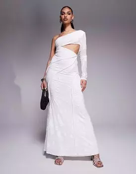 Платье макси ASOS DESIGN devore с одним рукавом, открытой спиной и открытыми швами белого цвета