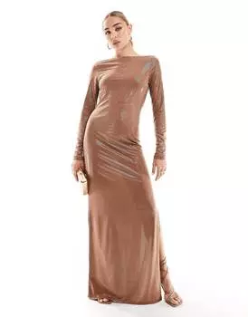 Платье макси Asos Design Glitter Low Back, светло-коричневый