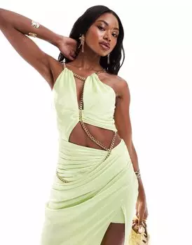 Платье макси Asos Design Halter Satin Draped With Chain Hardware, светло-желтый