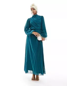 Платье макси Asos Design High Neck Wrap Bodice Pleated Dobby Wrap, синий