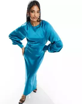 Платье макси Asos Design High Neck Satin Balloon Sleeve, голубой