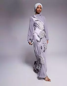 Платье макси ASOS DESIGN из атласного шифона с отделкой и воротником-хомутиком в темно-фиолетовом цвете