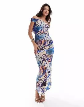 Платье макси ASOS DESIGN из сетчатой ткани с широкими бретелями, юбкой-борцовкой и абстрактным принтом в виде картин