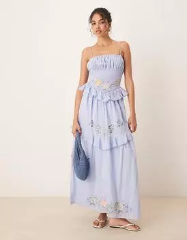 Платье макси ASOS DESIGN на бретелях с вышивкой на талии синего цвета