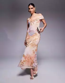 Платье макси ASOS DESIGN на одну бретельку с асимметричным вырезом в сетку с цветочным принтом