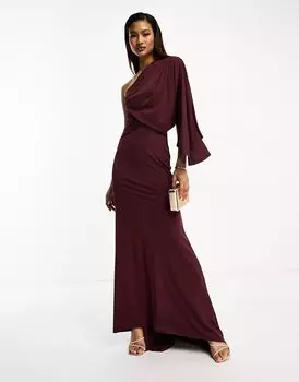 Платье макси Asos Design One Shoulder Premium Draped With Train Detail, бордовый