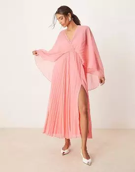 Платье макси ASOS DESIGN плиссированное розового цвета с накидкой