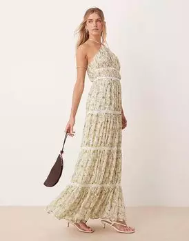 Платье макси ASOS DESIGN с бретелью через шею и вышитой отделкой с мелким цветочным принтом