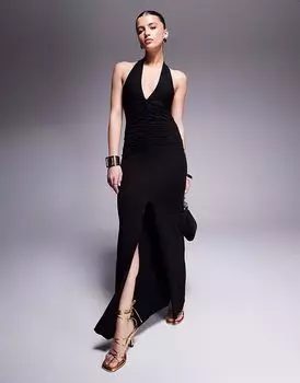 Платье макси ASOS DESIGN с бретелью через шею и сборками черного цвета