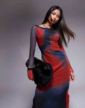 Платье макси ASOS DESIGN с длинными рукавами, узорчатой сеткой бордового цвета и высоким вырезом-лодочкой