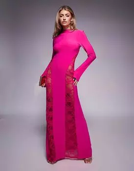Платье макси ASOS DESIGN с длинными рукавами, высоким воротом и кружевными вставками розового цвета