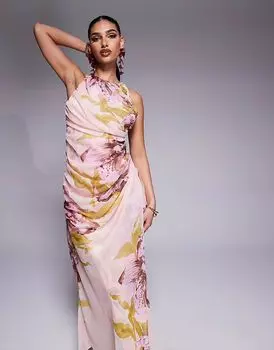 Платье макси ASOS DESIGN с драпировкой, асимметричным кроем и открытой спиной, с крупным розовым цветочным принтом