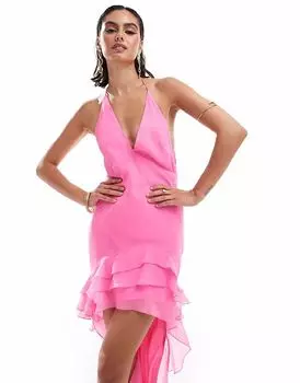 Платье макси ASOS DESIGN с халтером, оборками и асимметричным подолом розового цвета
