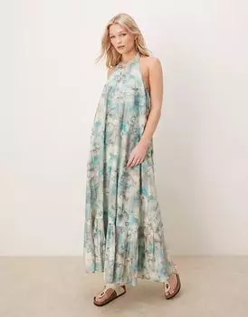 Платье макси ASOS DESIGN с халтером, оборками по низу и размытым цветочным принтом