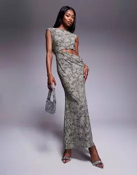 Платье макси ASOS DESIGN с косым вырезом, вырезом на талии и глубоким вырезом на спине цвета хаки