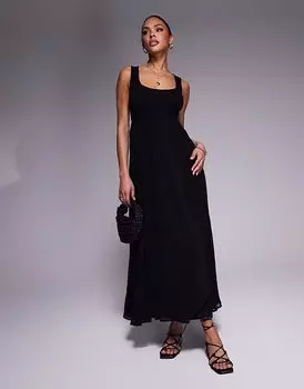 Платье макси ASOS DESIGN с микро-рубчиком на груди и шифоновой юбкой черного цвета
