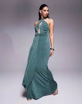 Платье макси ASOS DESIGN с отделкой кольцами, завязками сзади и поясом цвета хаки