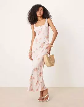 Платье макси ASOS DESIGN с открытыми плечами, сборками на груди и цветочным принтом