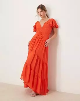 Платье макси ASOS DESIGN с рукавами-крылышками, сборками и асимметричным подолом в пикантном красном цвете
