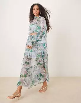Платье макси ASOS DESIGN с высоким воротом, вырезом, оборкой на рукавах и цветочным принтом