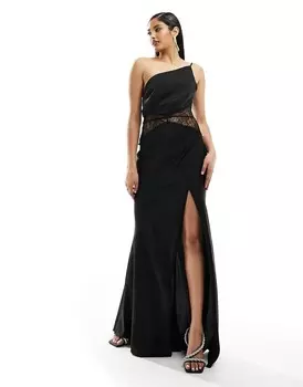 Платье макси Asos Design Satin One Shoulder Lace Waist Detail With Soft Train, черный