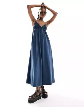 Платье макси Asos Design Strappy V Neck Crochet Skater, темно-синий