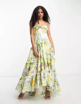 Платье макси Asos Design Twist Front Tiered Babydoll Voile With Frills And Hi Low Hem In Floral Print, мультиколор