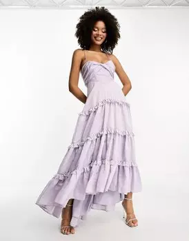 Платье макси Asos Design Twist Front Tiered Babydoll Voile With Frills And Hi Low Hem, сиреневый