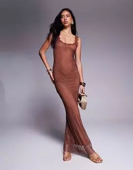 Платье макси ASOS DESIGN в сеточку с отделкой, глубоким овальным вырезом и кружевной отделкой шоколадного цвета