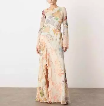 Платье-макси Asos Edition Long Sleeves And Inserts In Pink Floral Style, светло-бежевый/розовый