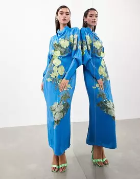 Платье макси Asos Edition Satin Long Sleeve Embroidered With Drawstring Back, голубой