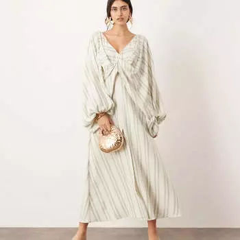 Платье-макси Asos Edition Striped With Drapery And V-neck In Linen, светло-бежевый/зеленый