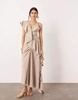 Платье-макси Asos Edition Textured With Asymmetrical Stripe Print, бежевый