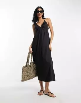 Платье макси ASOS из мягкого денима черного цвета с завязкой сзади