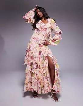 Платье макси ASOS LUXE из органзы и шифона с асимметричным принтом и винтажным цветочным принтом