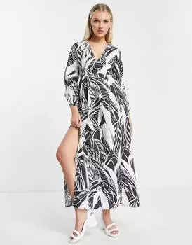 Платье макси Asos Made In Kenya Palm Print, черный/белый