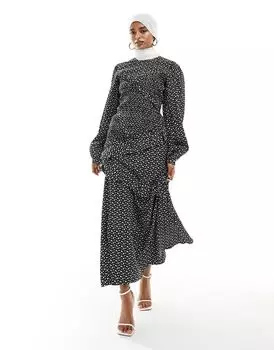 Платье макси ASOS с асимметричными рюшами и рюшами в принт в горошек