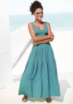 Платье макси Beachtime, летнее платье из тканого хлопка с многоярусной юбкой, цвет Eukalyptus