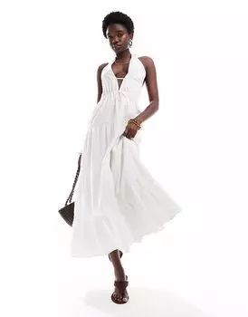 Платье макси Bershka с вырезом халтернеем, многослойное, белого цвета