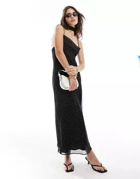 Платье макси Bershka в черный горошек с воротником-хомутом и завязкой сзади