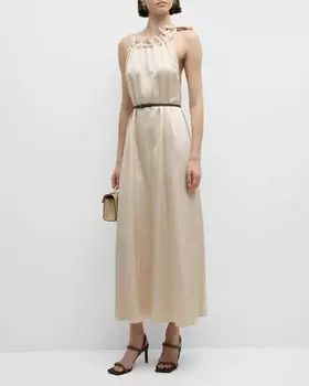 Платье макси без рукавов из жатого хлопка с рюшами Peserico, цвет Barley