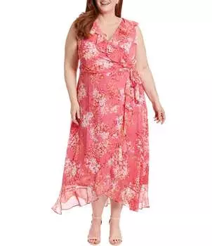 Платье макси без рукавов London Times с v-образным вырезом, завязкой на талии и принтом, искусственный запах, без рукавов, розовый
