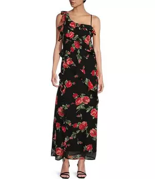 Платье макси без рукавов с цветочным принтом и драпированными рюшами и V-образным вырезом WAYF, цветочный