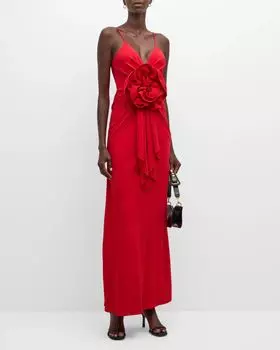 Платье макси без рукавов с глубоким вырезом и драпировкой Rose Balmain, цвет Red
