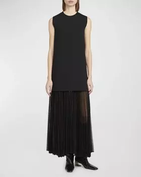 Платье макси без рукавов с прозрачной юбкой и плиссировкой Jil Sander, цвет Black