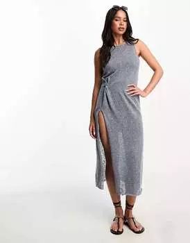 Платье макси без рукавов с разрезами синего меланжа Pull&Bear