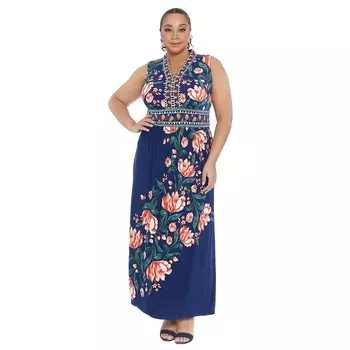 Платье макси без рукавов с v-образным вырезом и v-образным вырезом размера плюс London Times, цвет Navy Coral